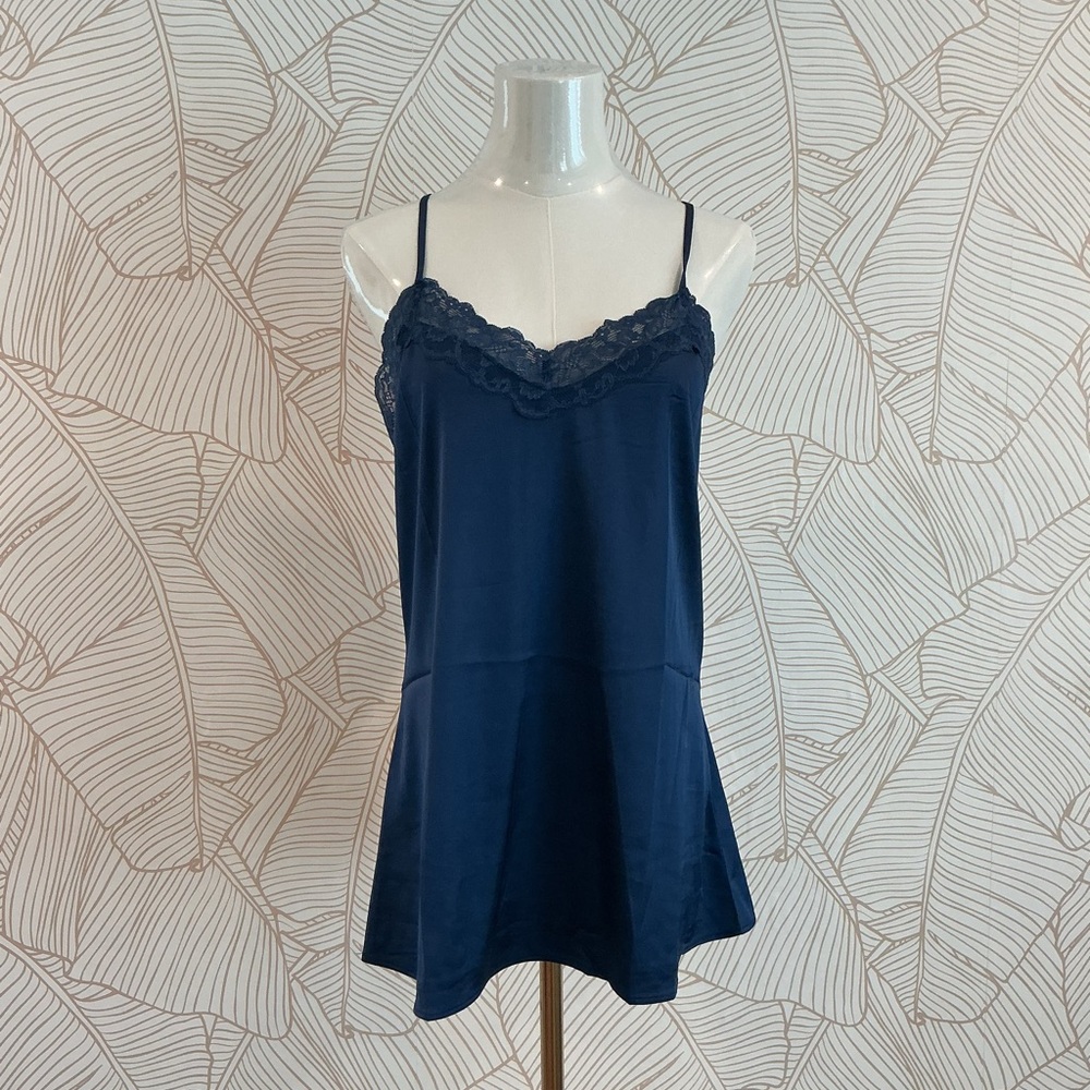Elegant Navy Blue Lace Trim Chemise